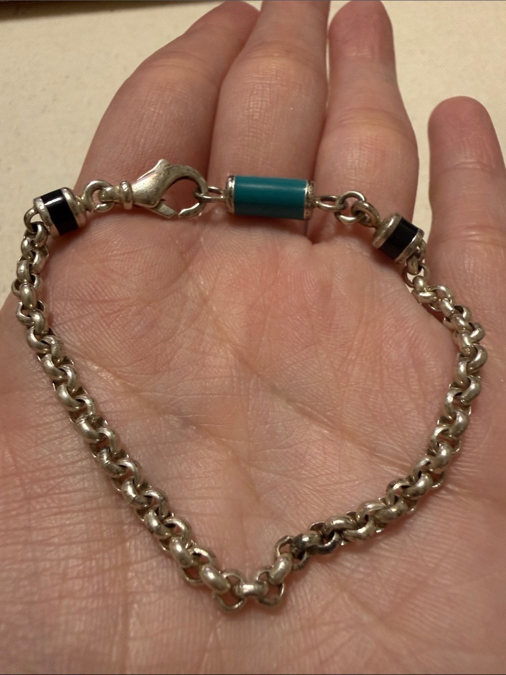 Sterling Silver 925 Chain Bracelet with Teal Accent 7’